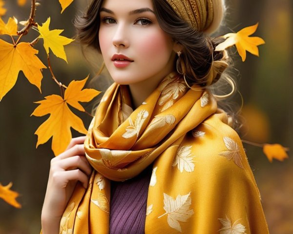 Young woman in autumn foliage with vibrant scarf