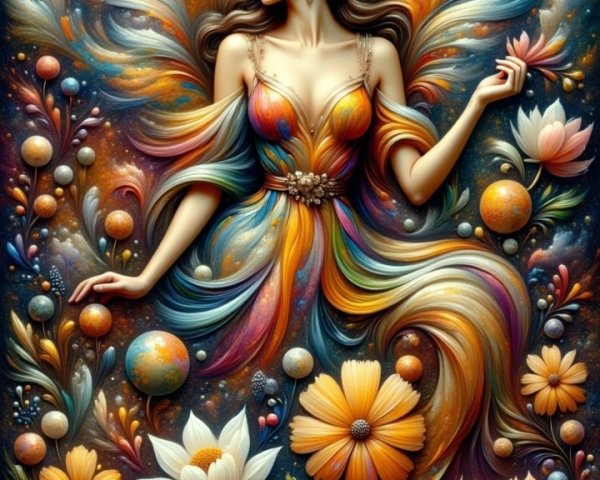 Vibrant Scene of Woman with Floral and Cosmic Elements