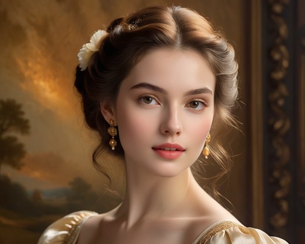 Portrait of a Young Woman in Vintage Gown and Flowers