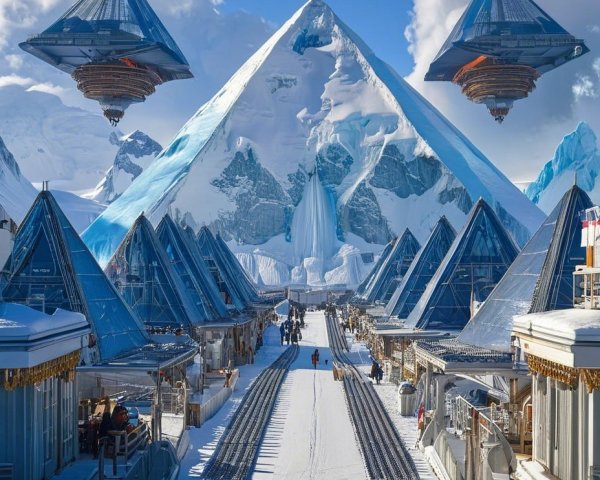 Futuristic snowy landscape with ice-capped mountains