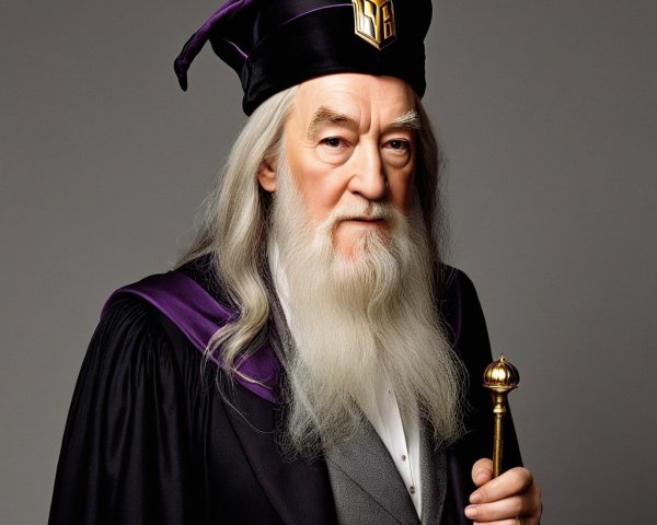 Wise figure in dark robe with golden staff and hat