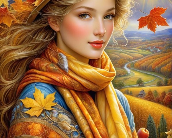 Young Woman in Autumn Hat Surrounded by Fall Foliage