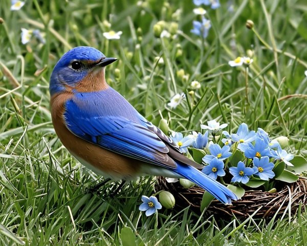 Bluebird on Green Grass with Nest and Flowers