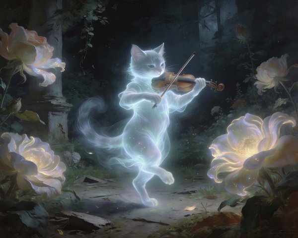 Luminous Cat Playing Violin in Enchanted Garden