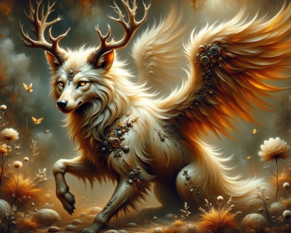 Steampunk Fox-Deer Hybrid with Wings and Flowers