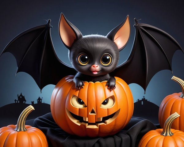 Cartoon Bat on Halloween Pumpkin with Haunted House