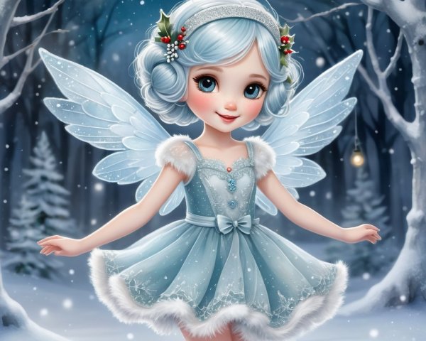 Fairy in Ice-Blue Dress in Snowy Forest Setting