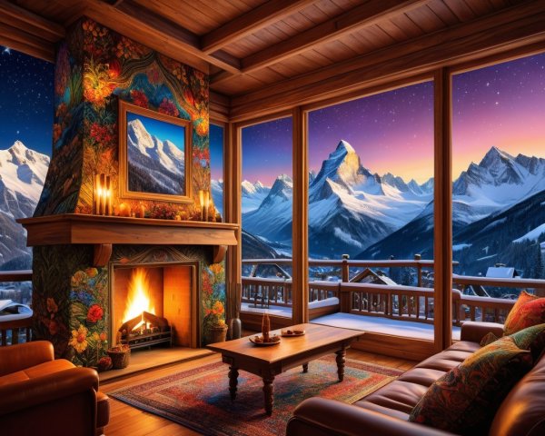 Cozy Cabin Interior with Fireplace and Mountain View
