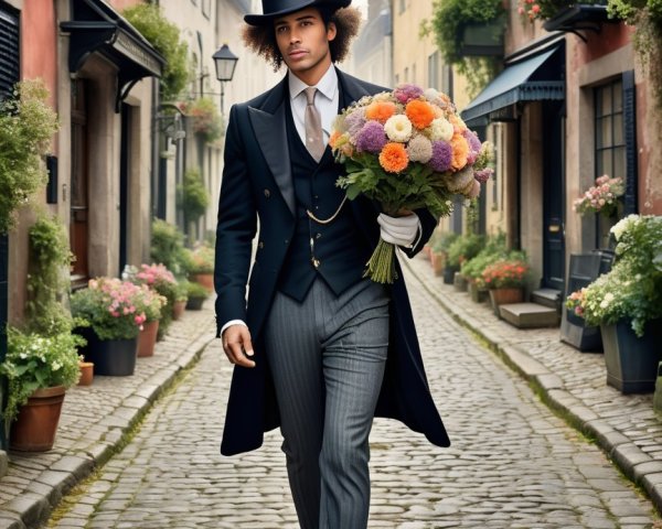 Stylish Man in Classic Attire on Cobblestone Street
