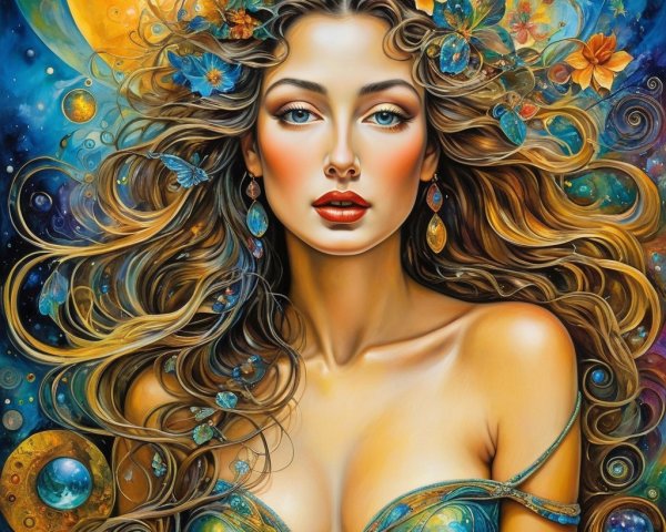 Young woman with celestial motifs and cosmic elements