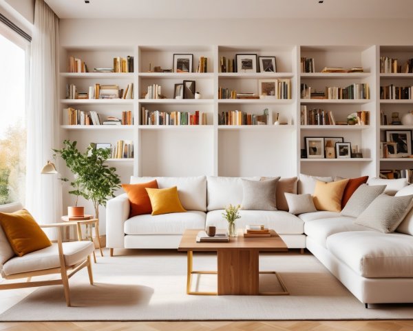 Cozy Living Room with White Sofa and Colorful Decor