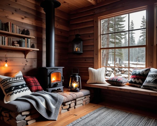 Cozy Cabin Interior with Wood Stove and Winter View