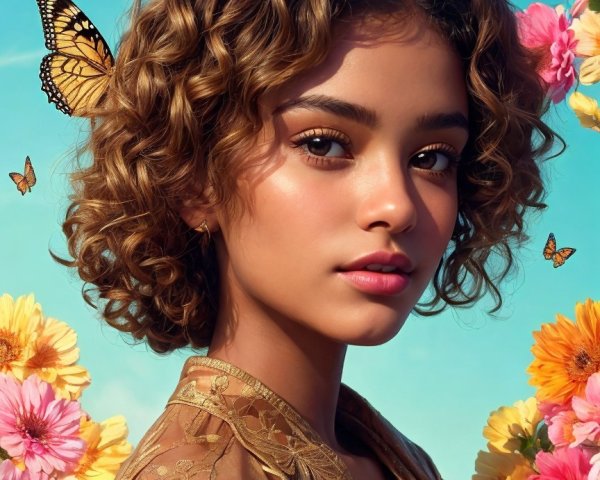 Young Woman in Golden Robe Amidst Flowers and Butterflies