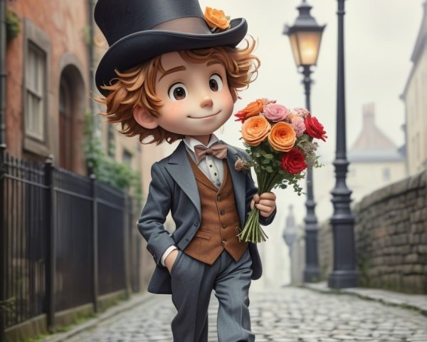 Charming Boy in Stylish Attire on Cobblestone Street