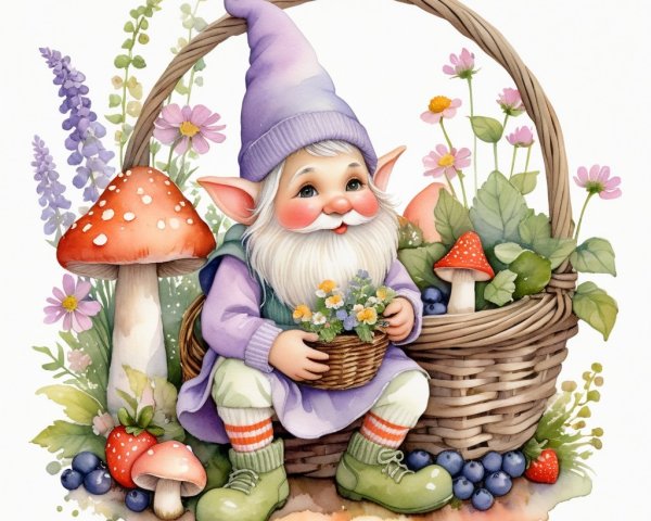Whimsical Gnome Surrounded by Colorful Flora and Fungi