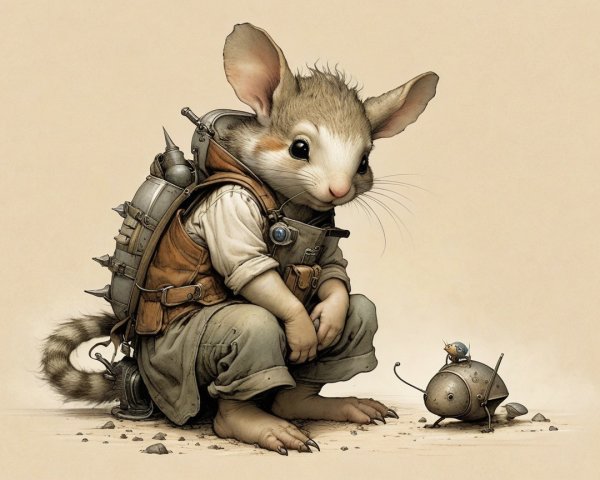 Whimsical anthropomorphic mouse with gadgets and a robot