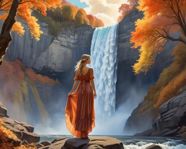 Woman in orange dress by a majestic waterfall scene