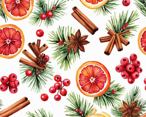 Vibrant Winter Pattern with Citrus and Evergreen Elements