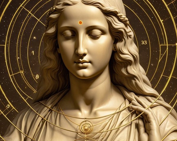 Serene Female Figure with Cosmic Patterns and Symbols