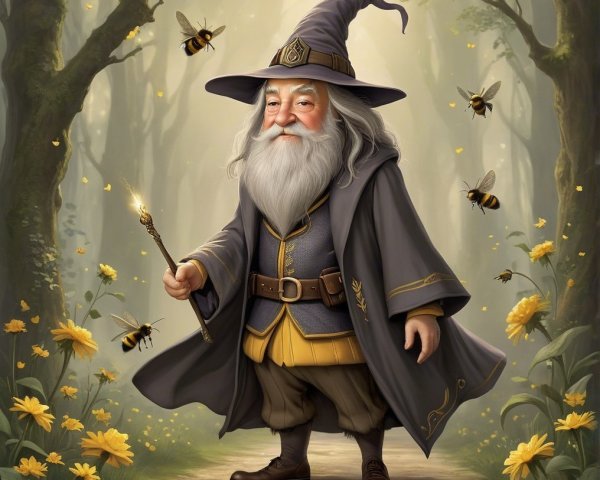 Wizard in a Magical Forest Surrounded by Yellow Flowers
