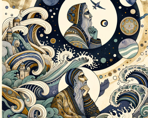 Contemplative Figure Among Waves and Celestial Elements