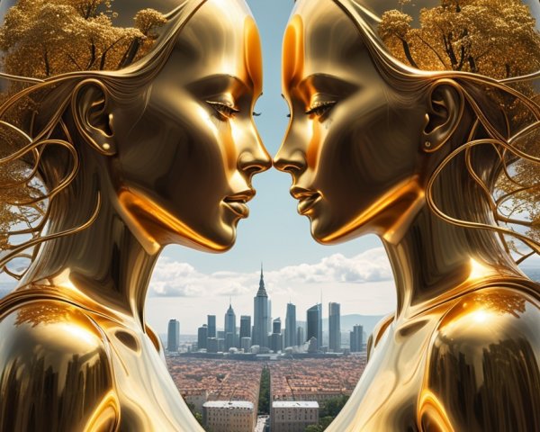 Golden Humanoid Figures with Trees in Urban Skyline