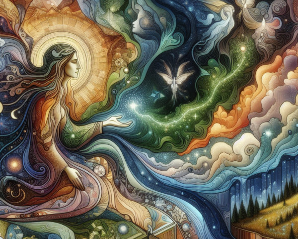 Cosmic Scene with Woman, Colors, and Butterflies