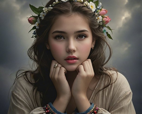 Portrait of a Young Girl in Floral Crown and Blouse