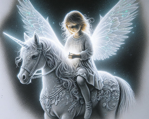 Mixed-Media Illustration of Girl on Unicorn with Wings