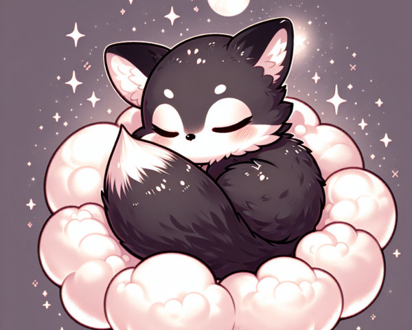 Chibi Fox on Cloud with Stars and Moon Background
