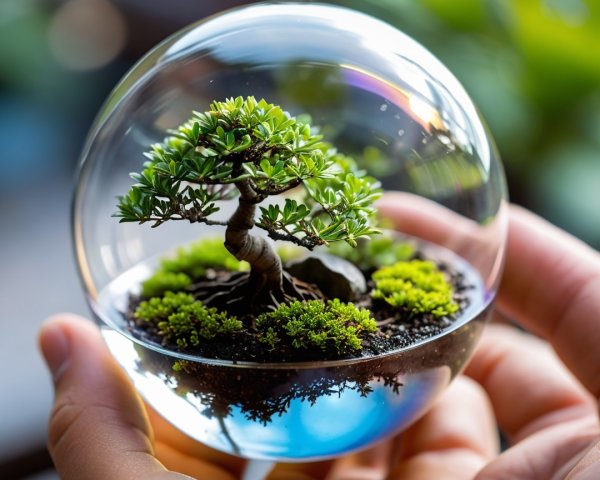 Miniature Bonsai Tree Under Glass Dome Display