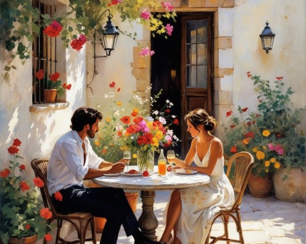 Romantic Outdoor Setting with Couple and Flowers