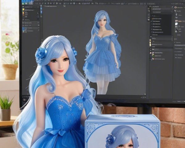 Doll in Blue Dress with 3D Rendering Displayed