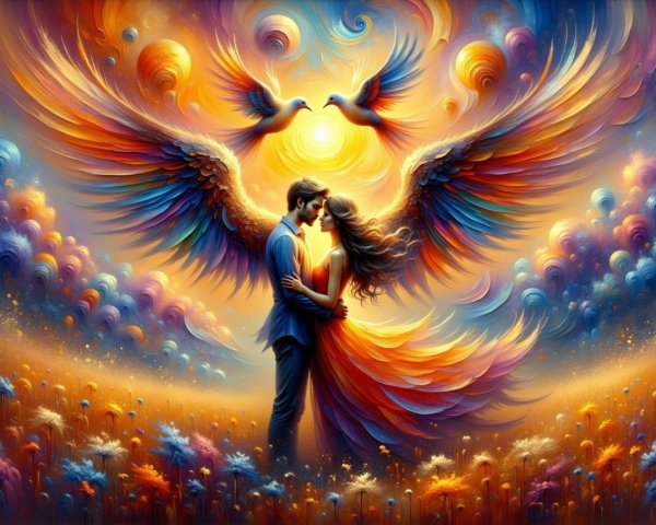 Couple Embracing in a Colorful Dreamlike Landscape
