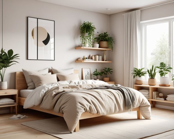 Cozy Minimalist Bedroom with Natural Light and Greenery