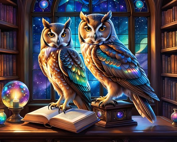 Majestic Owls in a Mystical Library Setting