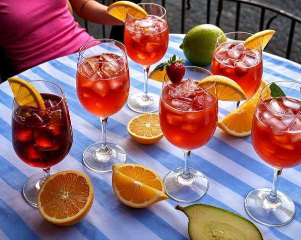 Colorful Cocktails on Blue-Striped Tablecloth