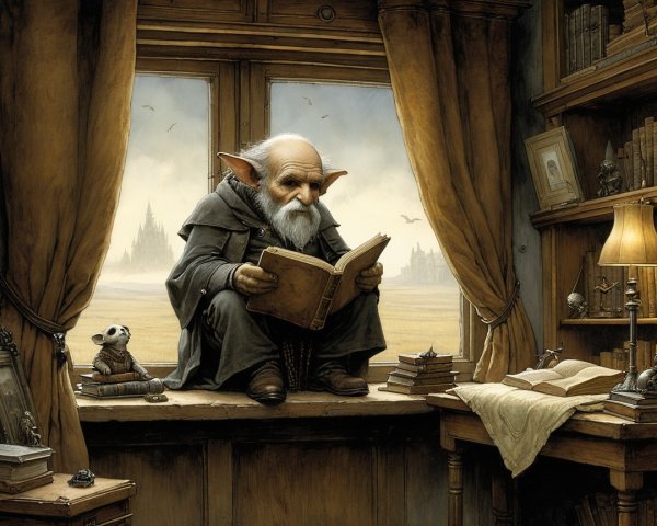 Elderly Goblin Reading in a Cozy Room with Castle View
