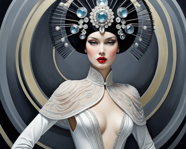 Elegant gown with intricate design and bold makeup