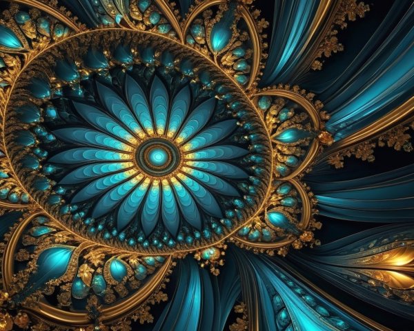 Intricate Fractal Design with Blue and Gold Hues
