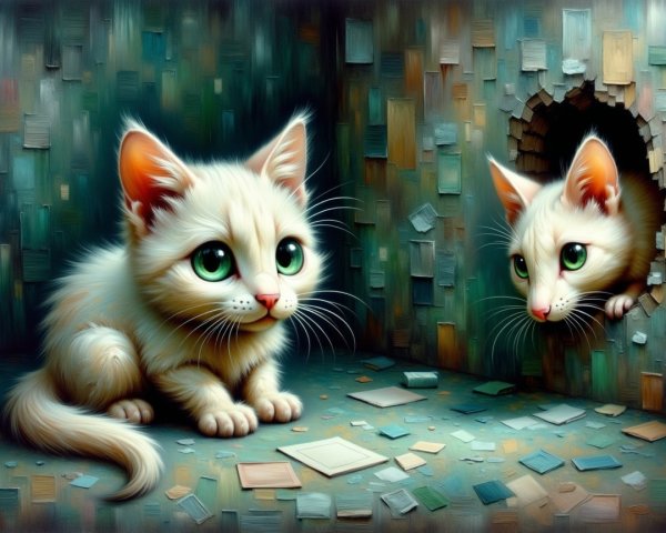 Whimsical Scene with Two Playful White Kittens