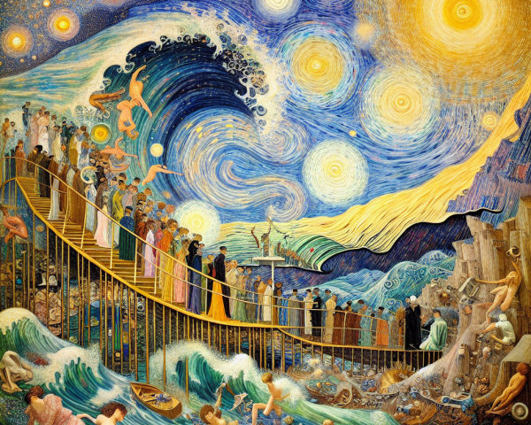 Vibrant Dreamlike Scene with Bridge and Ethereal Creatures