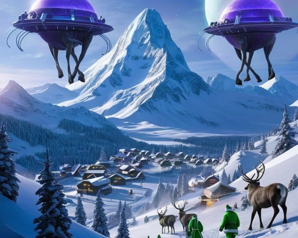 Futuristic Flying Saucers Over Snowy Village Scene
