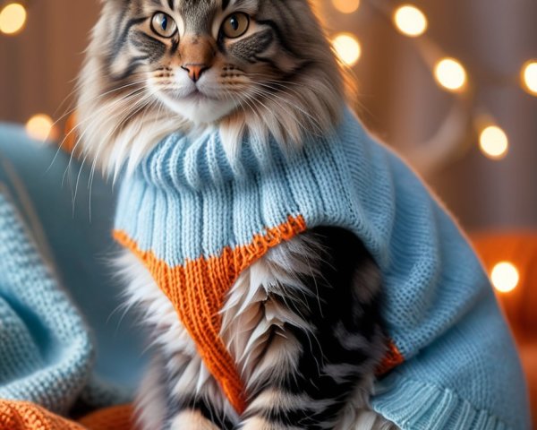 Maine Coon Cat in Cozy Sweater with Festive Background