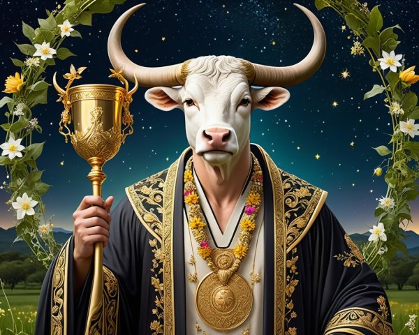 Regal Figure with Bull Head Against Starry Sky