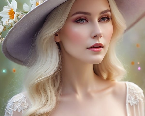 Whimsical Woman in Ethereal Gown with Floral Hat