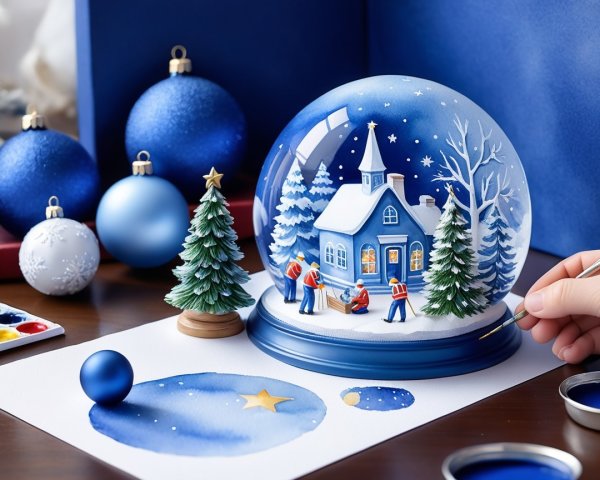 Indoor Scene of Watercolor Painting with Snow Globe
