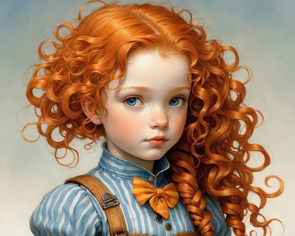 Young girl with curly red hair and blue eyes