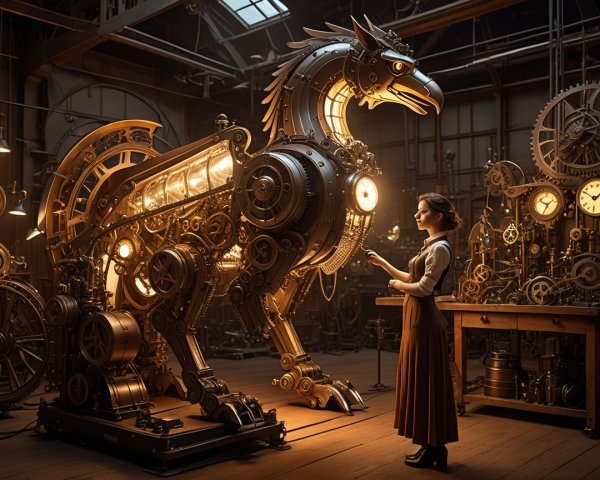 Steampunk Mechanical Horse in a Dimly Lit Workshop
