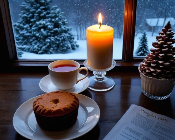 Cozy Winter Interior with Candle and Snowy View